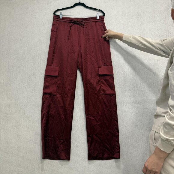 NSR Pants Womens Large Burgundy Satin Cargo Drawstring Elastic Waist Pockets - Picture 5 of 11